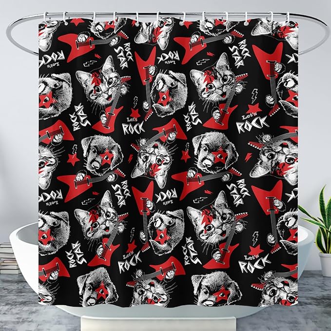 AILONEN Kitten and Puppy Shower Curtain,Rock Kitten Puppy Bath Curtains for Kids Boys Girls,Animal Polyester Waterproof with 12 Plastic Hooks 72" W*96" H