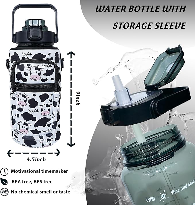 64 oz Water Bottle with Straw Sleeve & Strap Motivational Half Gallon Water Jug with Handle for Gym Women Men Aesthetic Water Bottle with Strap