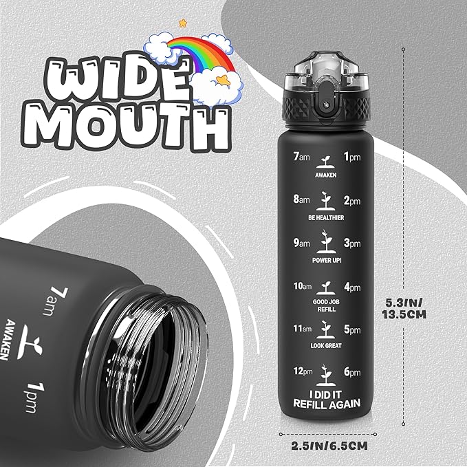 OLDLEY Kids Water Bottle for School, 17 oz (Straw Lid) BPA-Free Reusable Leak-proof Durable Tritan Plastic Water Bottles with One-handed Opening Straw Lids, Anti-dust Spout Cover (Black)