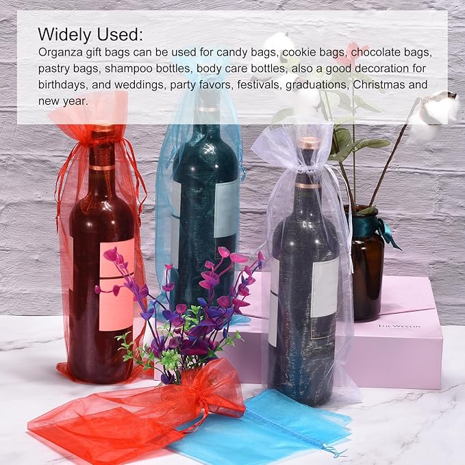 uxcell Organza Wine Bags, 12PCS 14.5 x 5.5 In Deep Red Sheer Mesh Organza Wine Wrapping Bags With Drawstring Wine Gift Pouches for Bottle Birthday, Wedding Party
