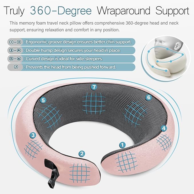 PORTHOLIC 2024 Upgraded Travel Neck Pillow with Buckle,100% Pure Memory Foam Travel Neck Pillow for Airplane Travel Flight Headrest Sleep, Portable Plane Accessories (Pink)