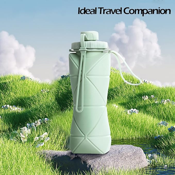 Collapsible Water Bottle, Silicone Foldable Water Bottles For Travel, Easy-To-Carry Design And Compact Size, BPA Free, 20 oz (Green)