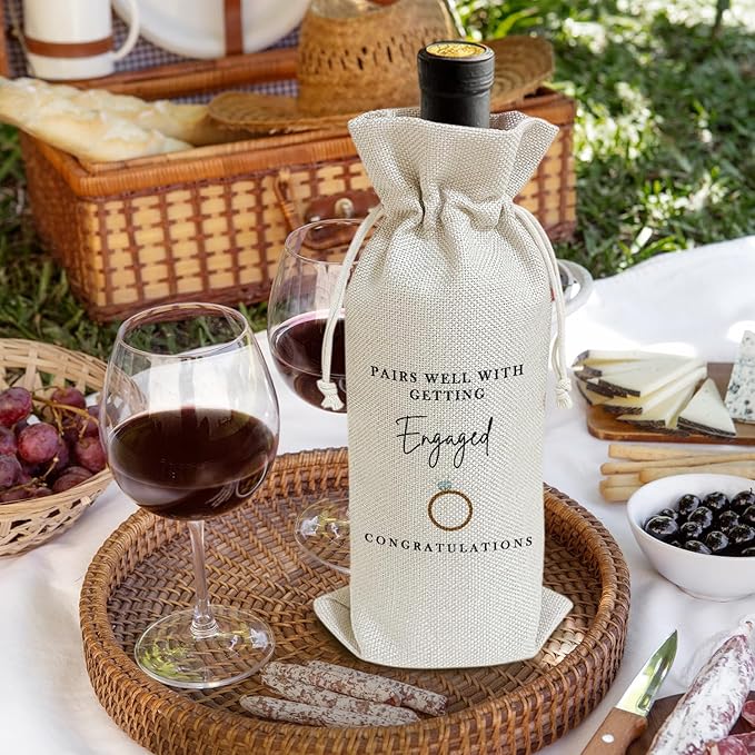Pairs Well with Getting Engaged - Gifts for Couples Wine Bags, 1 PC Reusable Drawstring Burlap Wine Bottle Bags, Engagement Gifts for Bride Groom, Wine Accessories Engagement Party Favors -06