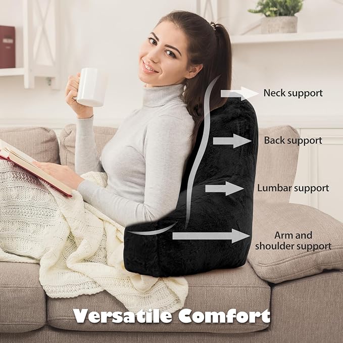 Reading Pillow for Sitting in Bed Adult, Standard Reading Pillow with Memory Foam, Back Pillow for Bed Sitting Up with Extend Arms, Bed Reading Pillow, Black