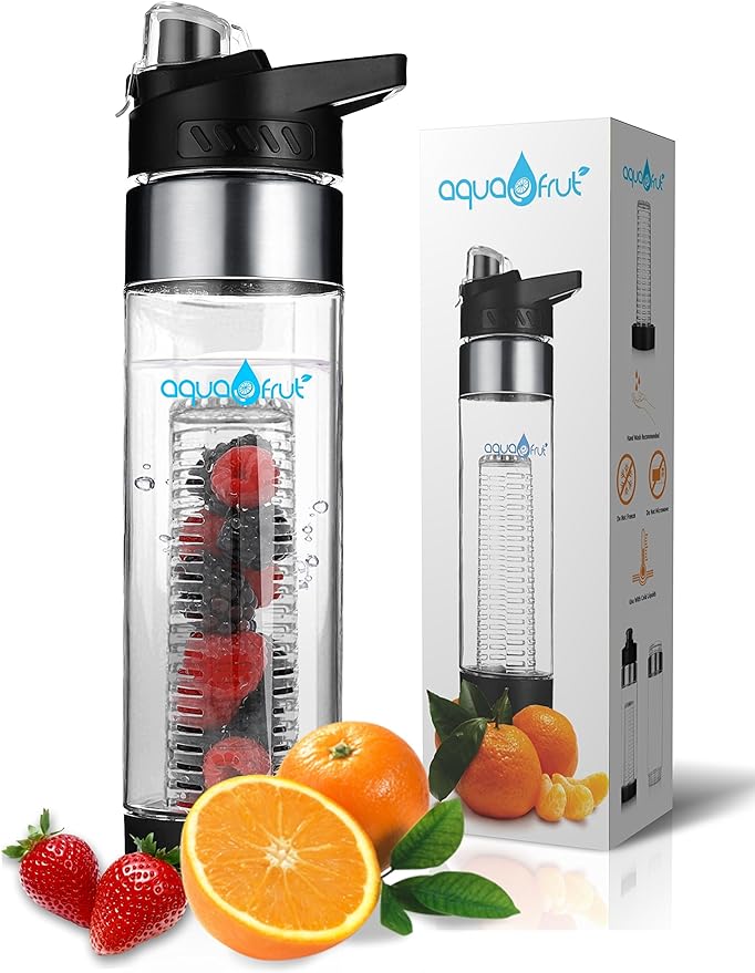 NEW AquaFrut Bottom Loading Fruit Infuser Water Bottle - BPA Free Tritan Plastic - Leak Proof - 24 OZ - Infusion Recipe eBook (Black)