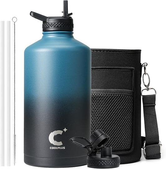 Coolplus Gallon Water bottle insulated with straw, Water Jug 128 oz Stainless Steel Double-Walled Vacuum Metal Large Flask With Carry Sleeve Bpa-Free Leakproof, Keep Cold 48 Hrs, Blue Black