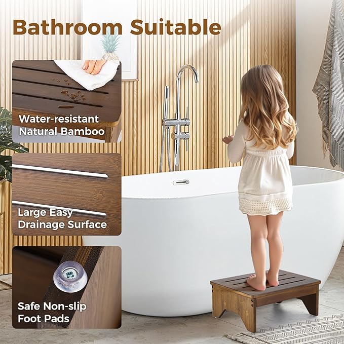 StrongTek Bamboo Step Stool for Adults, Bedside Step for High Beds, 300 Lbs Capacity, Non-Slip Bed Foot Stool with Rounded Edges, Small One Step Stool for Bathroom, Bedroom, Garden, Kitchen (Brown)