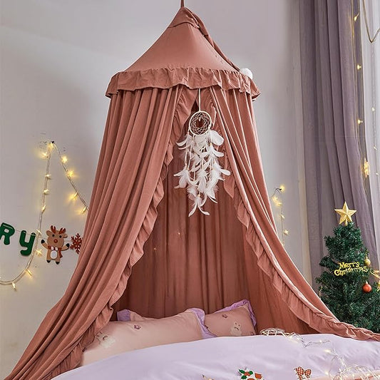 VETHIN Bed Canopy for Girls Kids,Princess Round Dome Children Dreamy Mosquito Net Bedding Girls Room Castle Play Tent Hanging House Decor Reading Nook Canopies (JujubeRed)