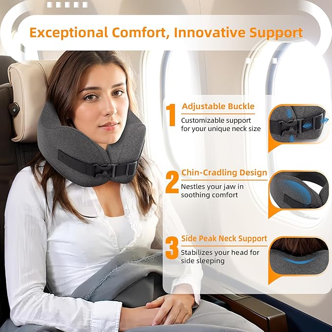 Neck Pillow Airplane Travel Set - Pure Memory Foam Travel Neck Pillow, Plane Pillow for Long Flights Essentials, Sleeping Travel with 3D Contoured Eye Mask, Earplugs, Portable Bag (Gray)