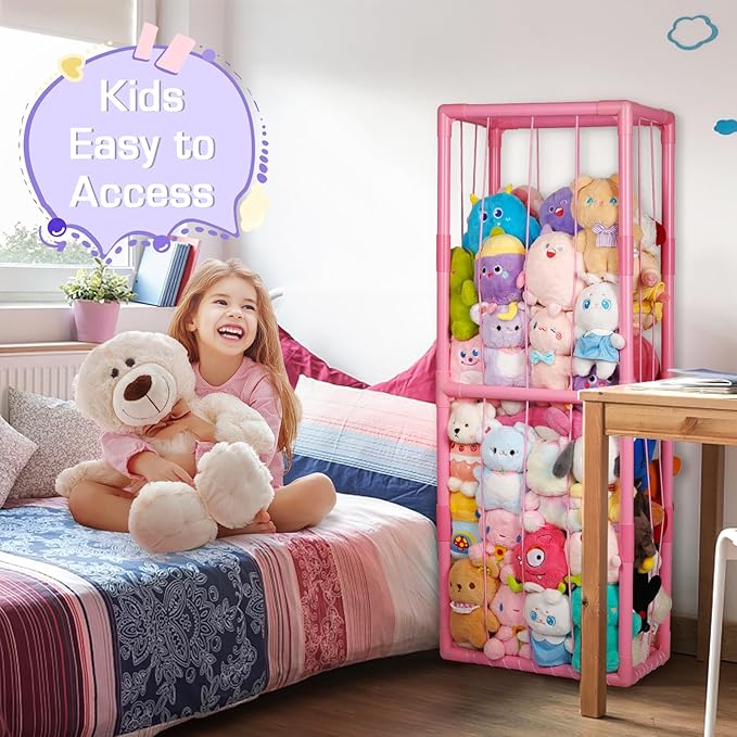 Trycooling Stuffed Animal Storage Zoo Stuffed Animal Holder Space Save Vertical Stuffed Animals Storage PVC with Elastic Band and Net for Playroom Birthday Gift for Bedroom Nursery (Pink 1)