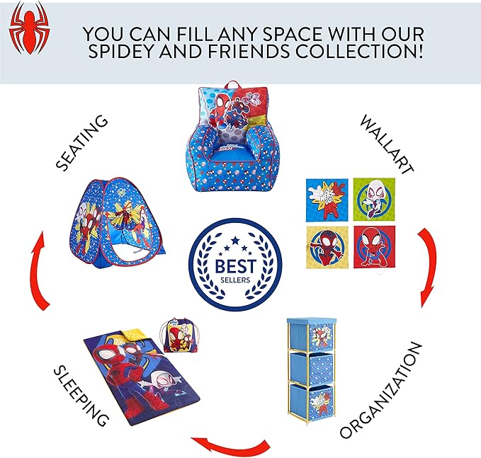 Idea Nuova Marvel Spidey & His Amazing Friends Toddler Nylon Bean Bag Chair with Piping & Top Carry Handle, NN201537, Large, Spidey & Friends