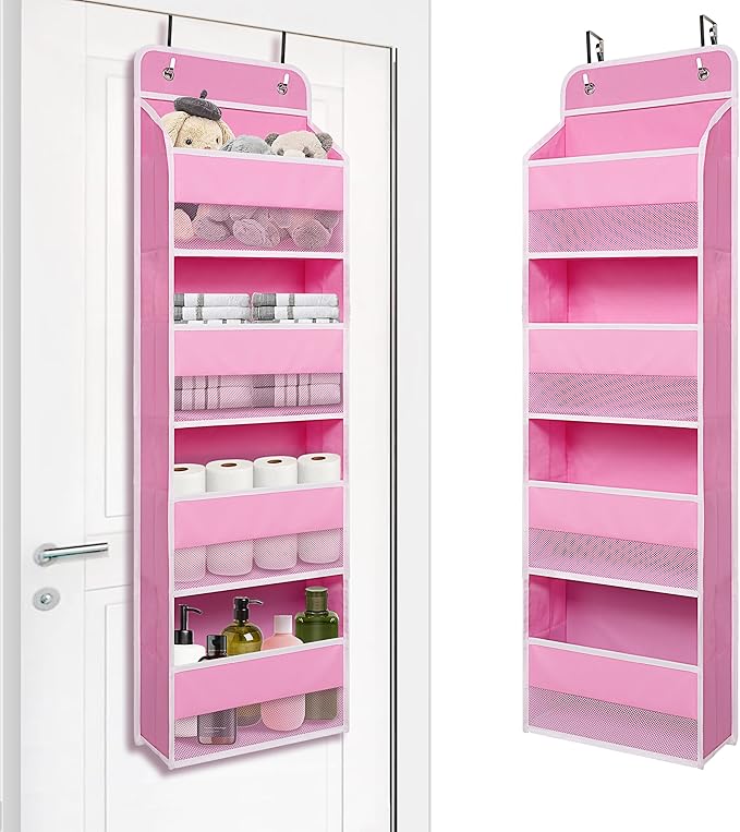 Heavy Duty Over Door Organizer, Wall Mount Hanging Organizer Storage with 4 Large Capacity Pockets, Closet Bathroom Nursery Bedroom Dorm, Toys Cosmetics Sundries and Baby Essentials, Pink
