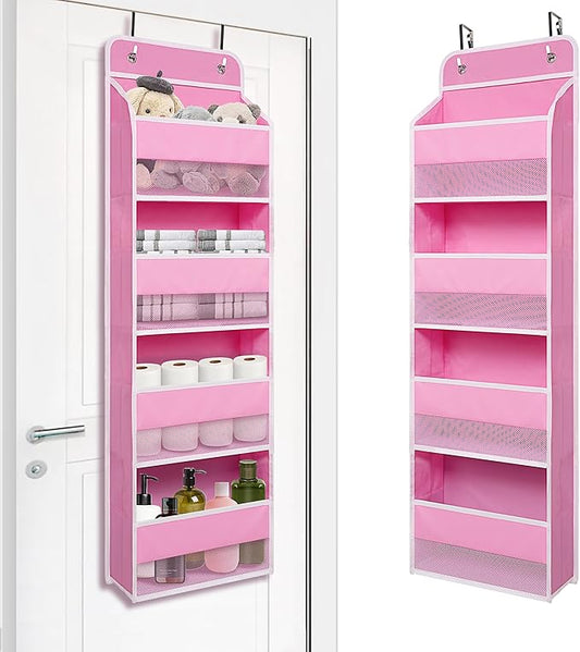 Heavy Duty Over Door Organizer, Wall Mount Hanging Organizer Storage with 4 Large Capacity Pockets, Closet Bathroom Nursery Bedroom Dorm, Toys Cosmetics Sundries and Baby Essentials, Pink
