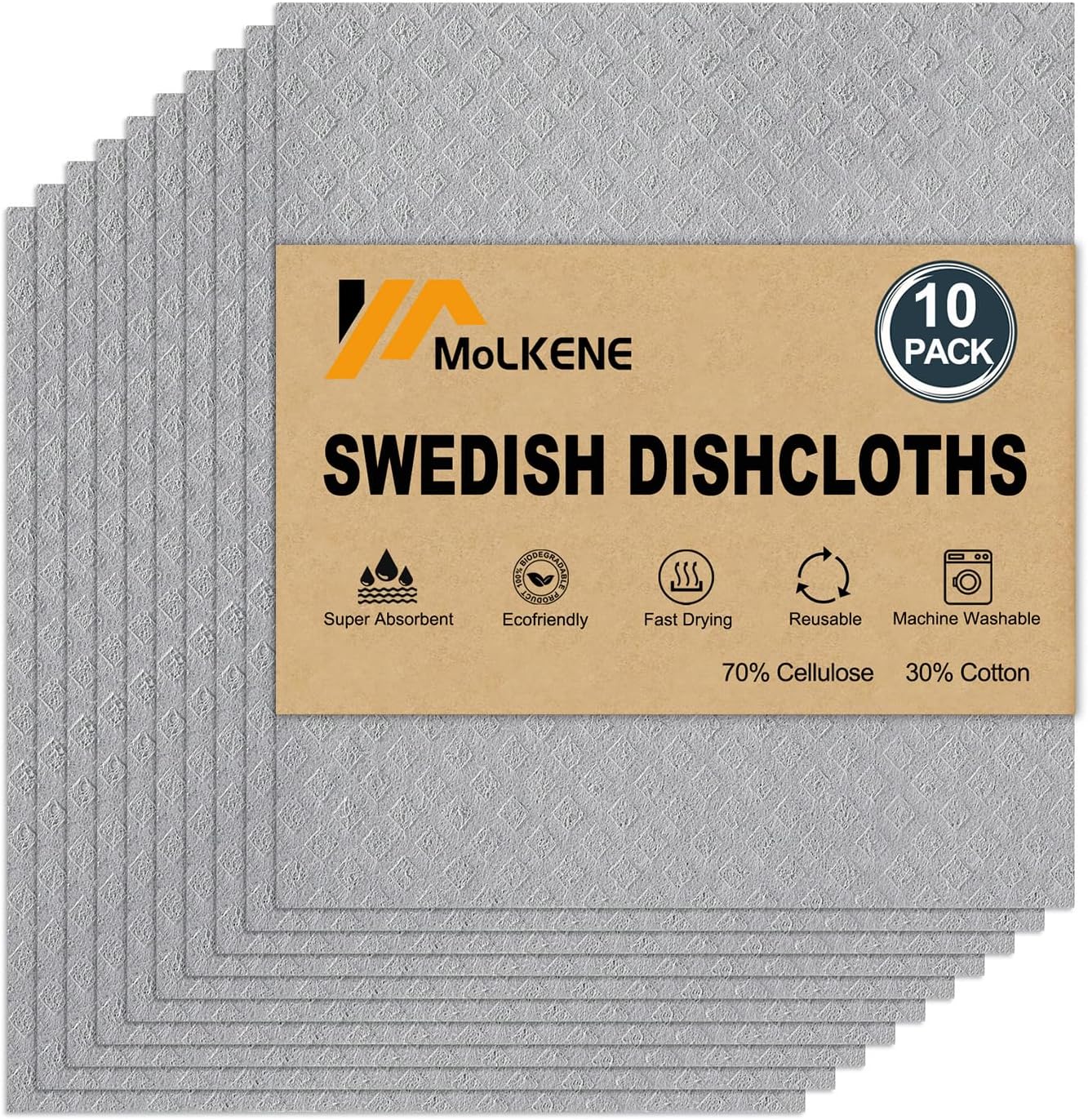Swedish Dishcloths for Kitchen | 10 Pack Absorbent Cellulose Sponge Cloths Washable | Non-Scratch Reusable Paper Towels Quick Drying Cleaning Rag - Grey