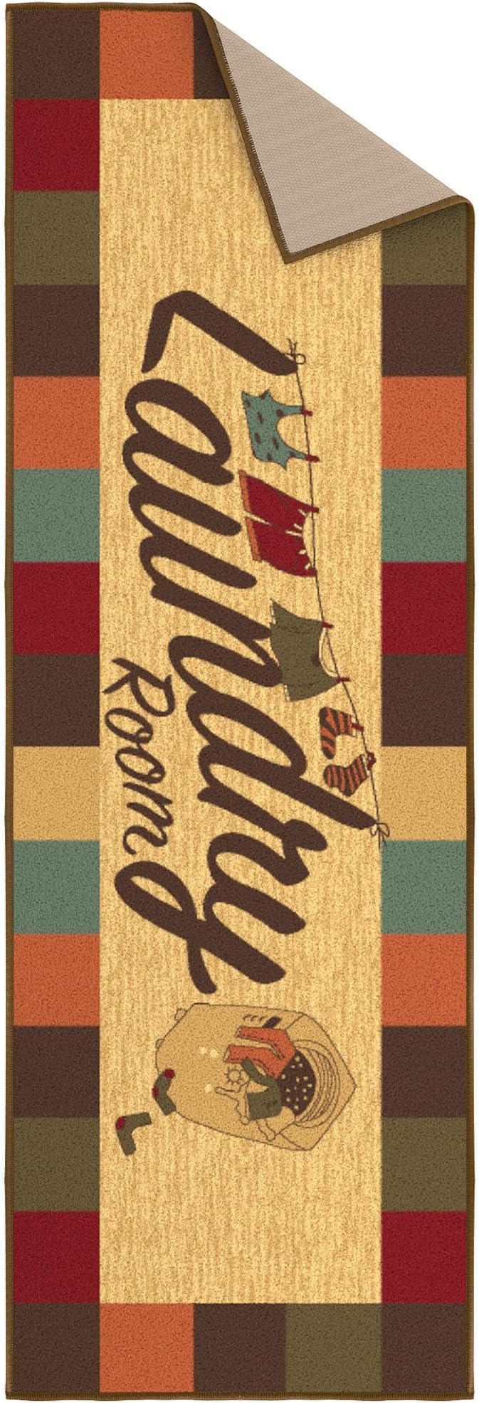 Ottomanson Laundry Collection Non-Slip Rubberback Checkered Border Design 2x5 Laundry Room Runner Rug, 20" x 59", Multicolor
