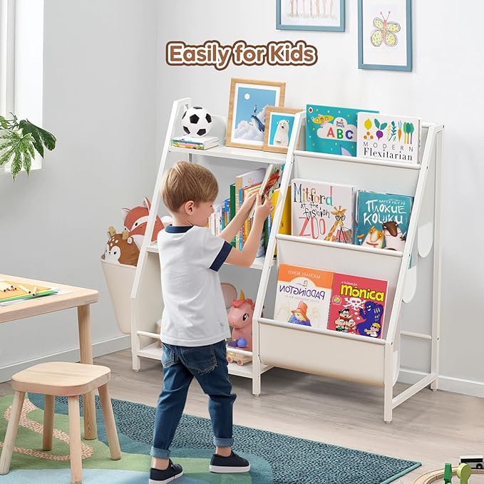 Kids Bookshelf and Toy Storage, Montessori Baby Toddler Bookshelf for Kids, Kids Bookcase Toy Storage Organizer for Kids Rooms, Playroom, Bedroom, Nursery
