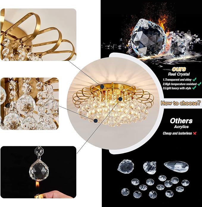 CVKASH 4-Lights Crystal Chandelier Modern Semi Flush Mount Ceiling Light Fixture Ceiling Lighting for Living Room Hallway Dining Room Kitchen Bedroom (Gold)