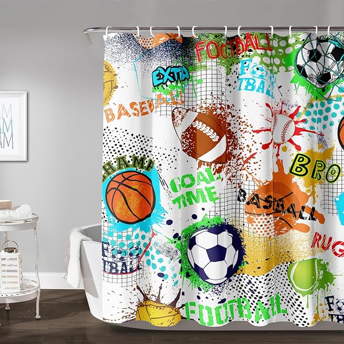 AILONEN Sport Shower Curtain,Graffiti Basketball Football Baseball Rugby Sport Art Bath Curtain Minimalist Bathroom Curtain 72" W*84" H Polyester Waterproof Bathroom Curtain with 12 Hooks