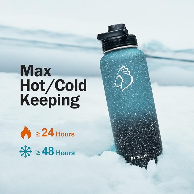 BUZIO Water Bottle with Straw lid, Spout Lid, Hand Lid and Carrying Pouch, 32oz 40oz 64oz Stainless Steel Water Flask Jug, Cold for 48 Hrs Hot for 24 Hrs Double Vacuum Thermo Canteen Mug, BPA-Free