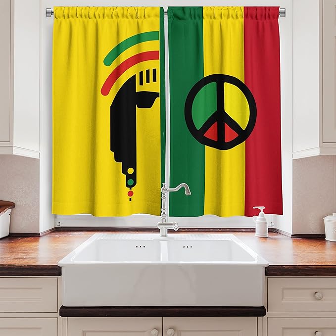 Ambesonne Rasta Kitchen Curtains, Iconic Barret Reggae and Jamaican Music Culture with Peace and Borders, Window Drapes 2 Panel Set for Kitchen Cafe Decor, 55" x 39", Green Red