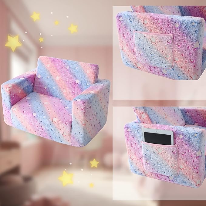 Kids Sofa, Glow in The Dark Toddler Chairs Children's 2 in 1 Convertible Sofa to Lounger - Extra Soft Flip Open Chair & Sleeper, Toddler Couch Chair, Sofa Bed for Boys Girls