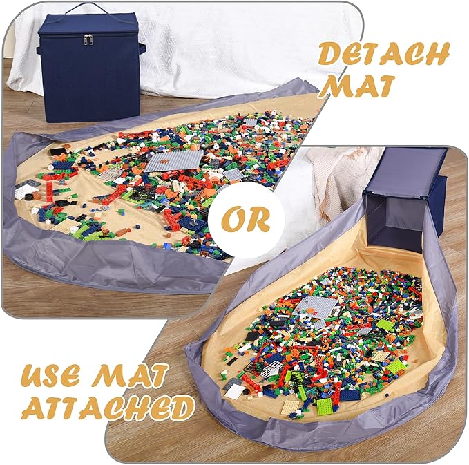 Toy Storage Basket and Play Mat for Kids, Foldable and Stackable Toy Storage Organizer for Building Bricks & Blocks, Toy Box Bin for Boys, Girls, Nursery, Playroom, 13"x13"x13" (Navy Blue)