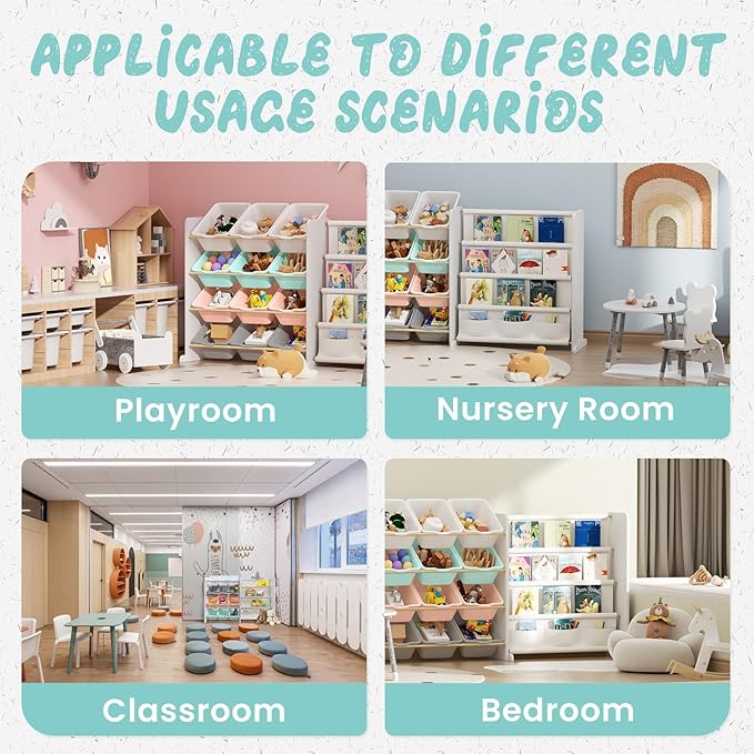 Kids Toy Storage Organizer - Toy Organizer with Kids Bookshelf, Toy Storage with 12 Toy Multi-color Bins and 4 Book Shelves, Toy Organizers and Storage for Playroom, Nursery, Kids Room, White