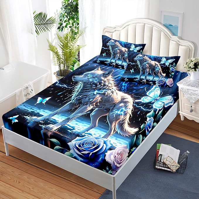 AILONEN Wolf Fitted Sheet Set Full Size, Blue Lightning Wolf Butterfly Safari Wolf Bed Sheet Set,3 Pieces Teen Boys Sheet Set,Cool Wolf Fitted Sheet with 2 Pillowcases