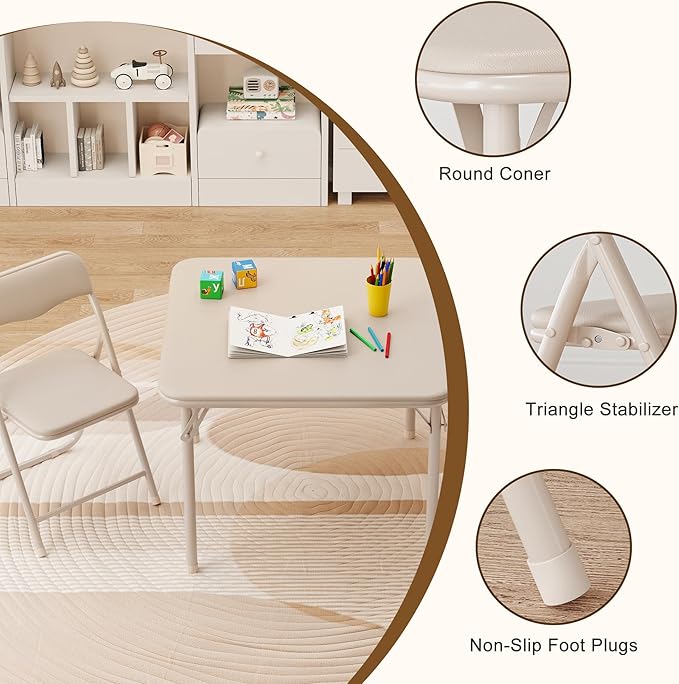 GAOMON Boys and Girls Folding Table and Chairs Set of 3, Portable Table and Chair with Pu Soft Cushion, No Installation Required, Suitable for Eating, Reading and Playing