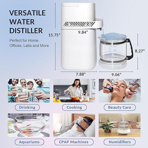 Intelligent Water Distiller-1.1 Gal Countertop Home Distilled Water Machine with Smart Time Temp Display, 750W Stainless Steel Distilling Water Maker Purifier with 4L Glass Container for Home Office