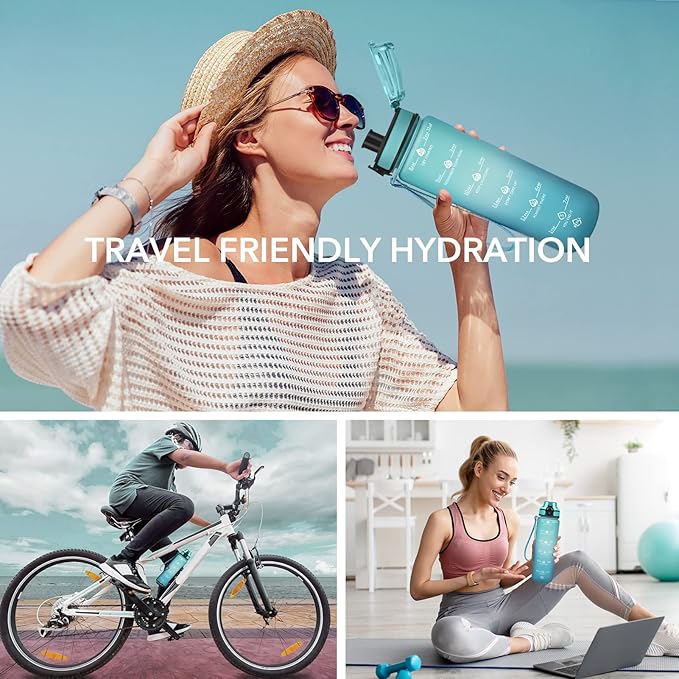 GOSWAG 32oz Motivational Water Bottles with Time Marker and Fruit Strainer, Sports Water Bottle with Times to Drink, Leakproof, Reusable Plastic Bottle with Strap no Straw for Gym, School