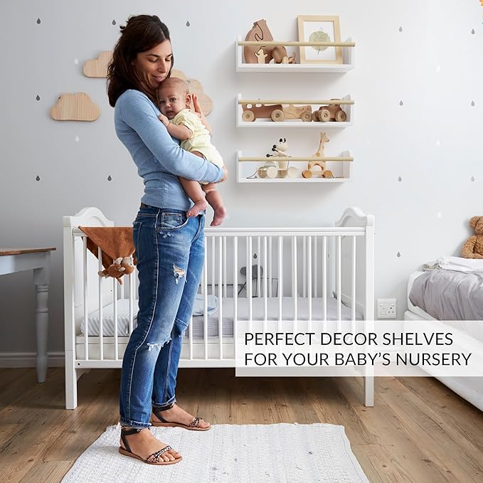 Decorative Nursery Bookshelves for Kids - Set of 3 Easy to Install Floating Shelves for Wall Mount - Beautiful Hanging Organizer Furniture for Your Baby Boy or Girl's Bedroom and Play Room Decor