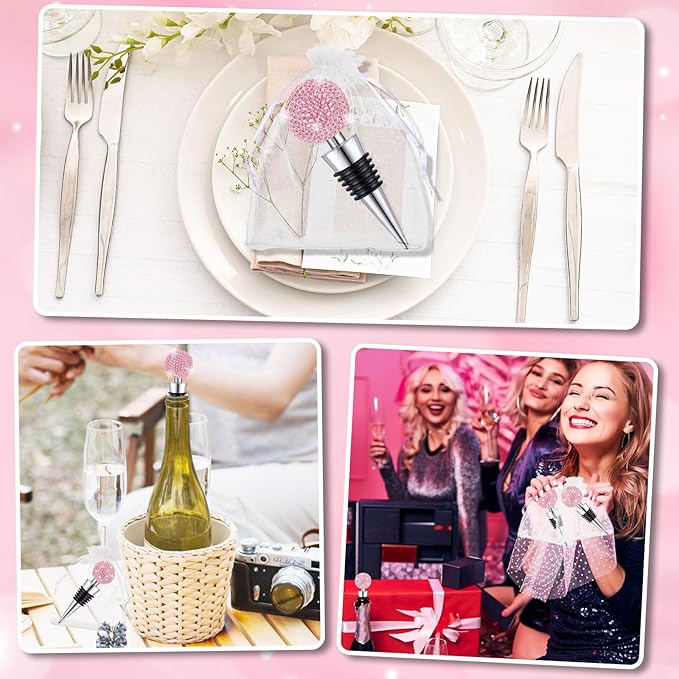 Crystal Wine Bottle Stopper Diamond Wine Stoppers Reusable Zinc Alloy Silicone Beverage Saver Corks Wine Decorative Bottle Stoppers with Sheer Bags for Wedding Bar Gifts(Pink,12 Set)