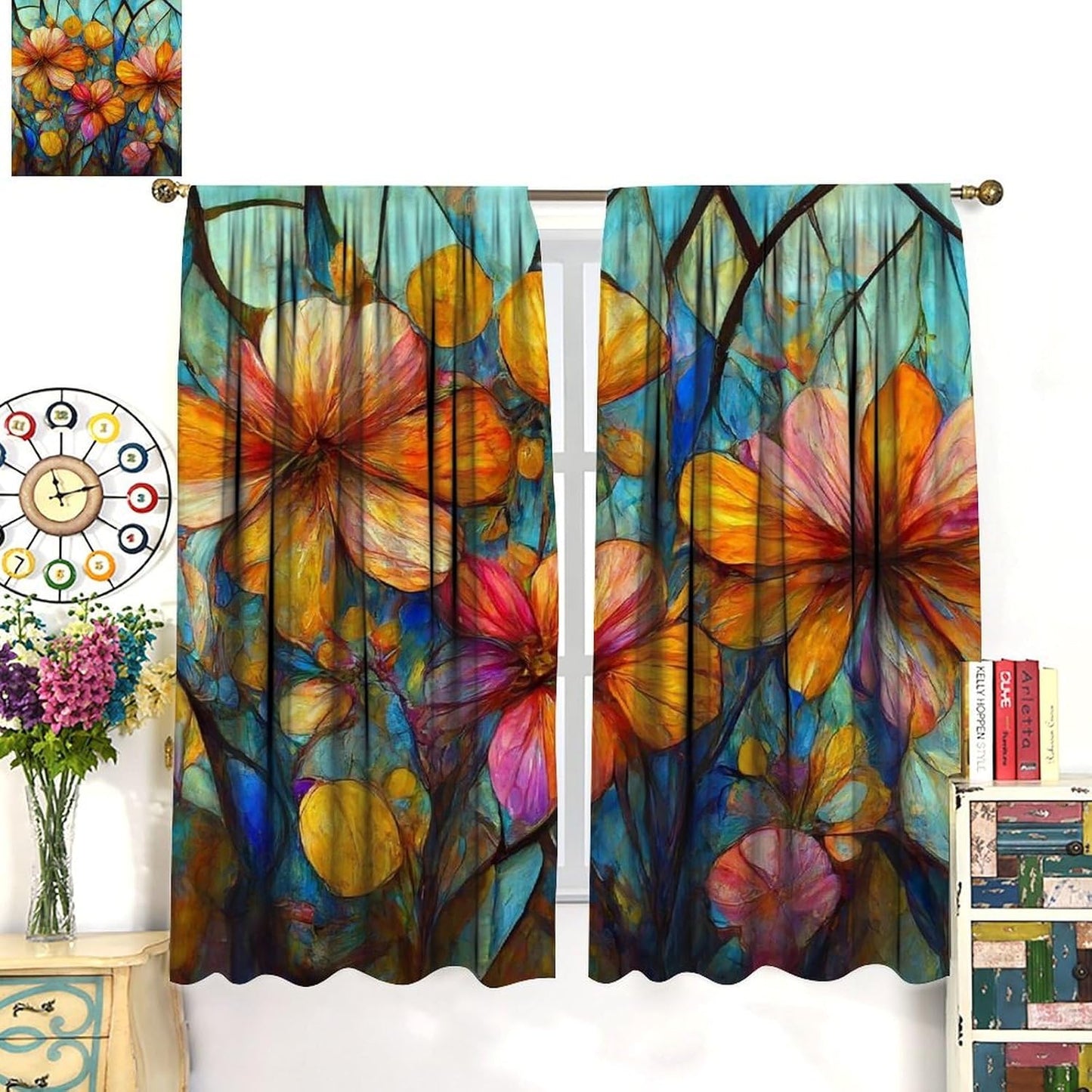 Stained Glass Curtains,Magic Forest Colorful Flowers Abstract Art Home Decor Drapes for Bedroom Living Room Kitchen Window Treatment 2 Panels Set Total Size 84" W X 84" L Inch