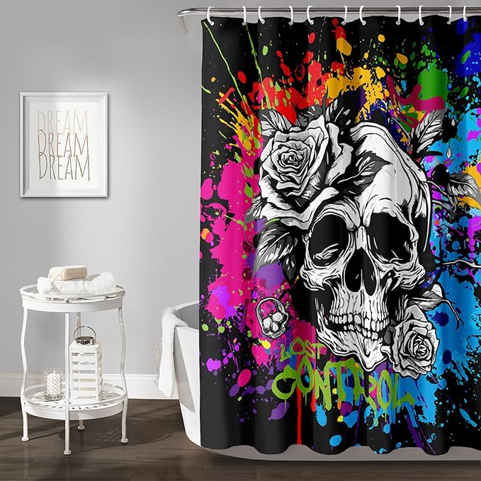 AILONEN Rose Skull Shower Curtain for Bathroom,Colorful Graffiti Art Bathroom Curtain for Kids Boys Girls,Bath Curtain 72" W*78" H Polyester Waterproof Bathroom Curtain with 12 Hooks