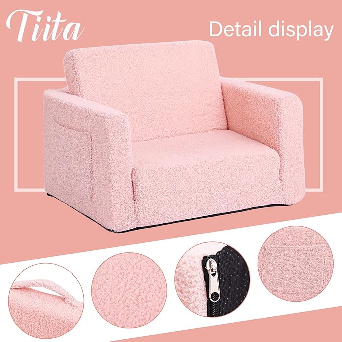 Tiita Kids Chair Couch, Folding Toddler Comfy Sofa Chairs, 2-in-1 Kids Plush Sofa Fold Out, Baby Armrest Chair Sofa to Lounger, Convertible Play Sofas to Bed for Girl or Boy, Pink