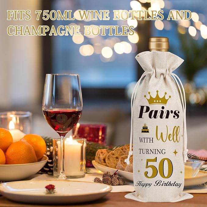 Wxiben 50th Birthday Wine Bags - 1pcs 1974 Wine Gifts for Women Men 50 Year Old Burlap Wine Gift Bag Over the Hill 50th Birthday Party Decorations for Mom Dad Grandma Coworker Birthday Gift