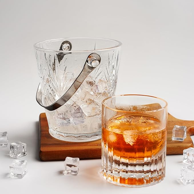 Clear Glass Ice Bucket with Ice Tong and Handle Crystal Ice Cube Busket Cocktail Bar Champagne Bucket for Parties Wine Accessory