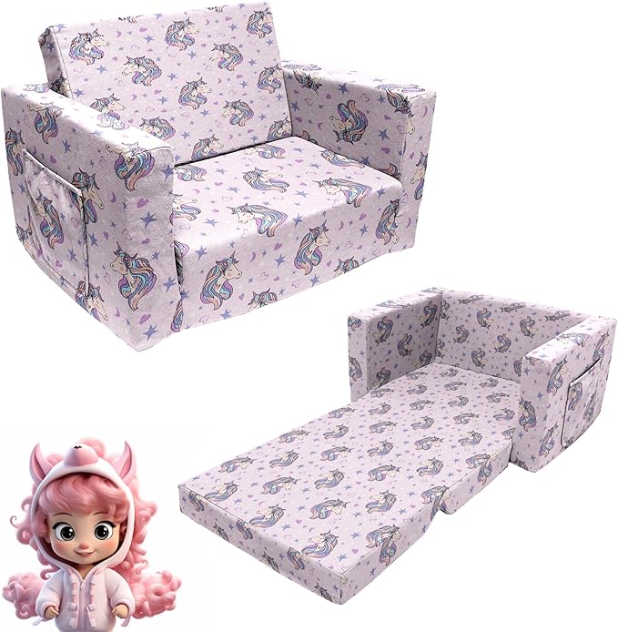 Kids Sofa, Children's 2 in 1 Convertible Relaxing Sofa to Lounger - Extra Soft Flip Open Chair & Sleeper, Cute Dinosaur Print Toddler Chairs Kids Couch for Kids Girls Boys, Polyester