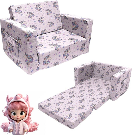 Kids Sofa, Children's 2 in 1 Convertible Relaxing Sofa to Lounger - Extra Soft Flip Open Chair & Sleeper, Cute Dinosaur Print Toddler Chairs Kids Couch for Kids Girls Boys, Polyester