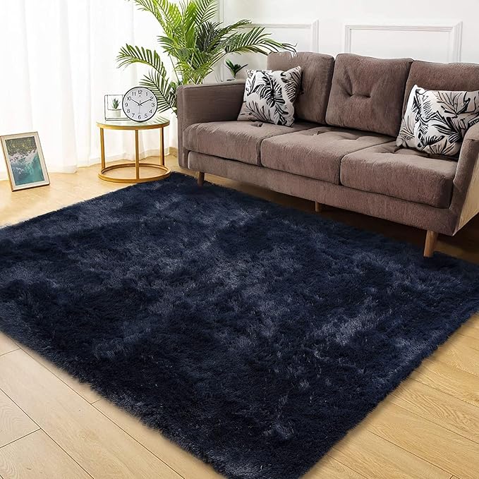 Large Modern Shag Rugs for Living Room, Fluffy Soft Area Rug Plush Carpet for Bedroom, Indoor Luxury Fuzzy Rug for Girls Kids Room Decor, Non Shedding Faux Fur Rugs, Navy Blue, 6' x 9'