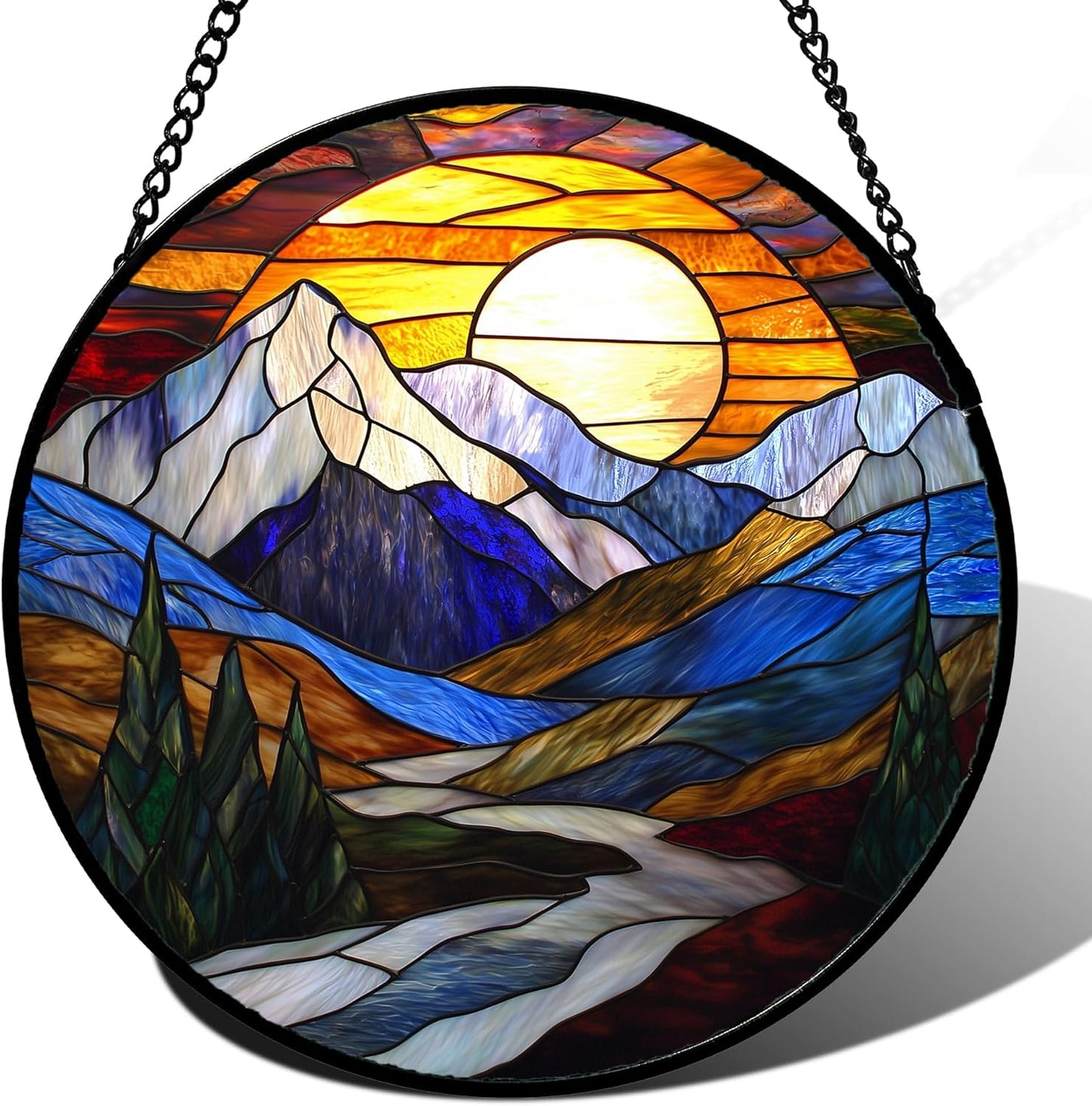 Stained Glass Window Hanging, Yellow Blue Sunset Mountains Scenery Sun Catcher for Window Home Decor Landscape Suncatcher Mother's Day Birthday Gifts for Women Men Mom and Nana 11.8 in