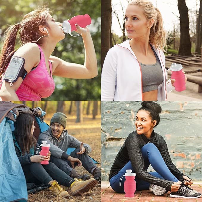 THAIOXYH® Collapsible Water Bottles 11 oz（320ml） Reuseable Foldable Portable BPA Free Silicone Collapsible Water Bottles for Traveling Hiking Camping Sports (pink)…