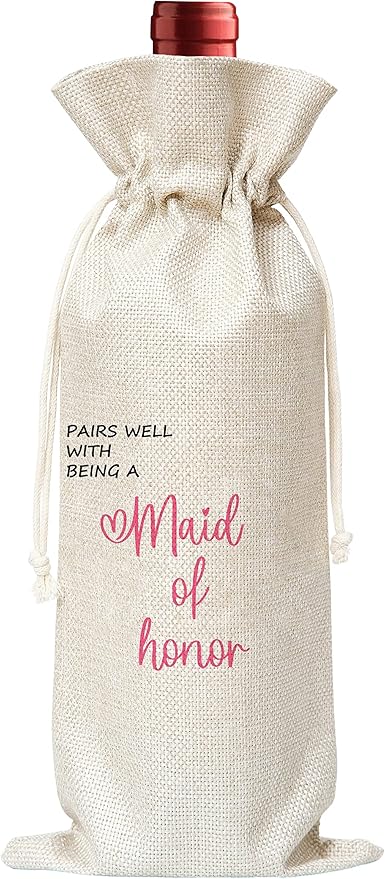 Maid Of Honor Gift Wine Bag,Gift For Wedding,Bridal Showr,Cotton linen Drawstring Wine Bag(1 Pcs) - WB016