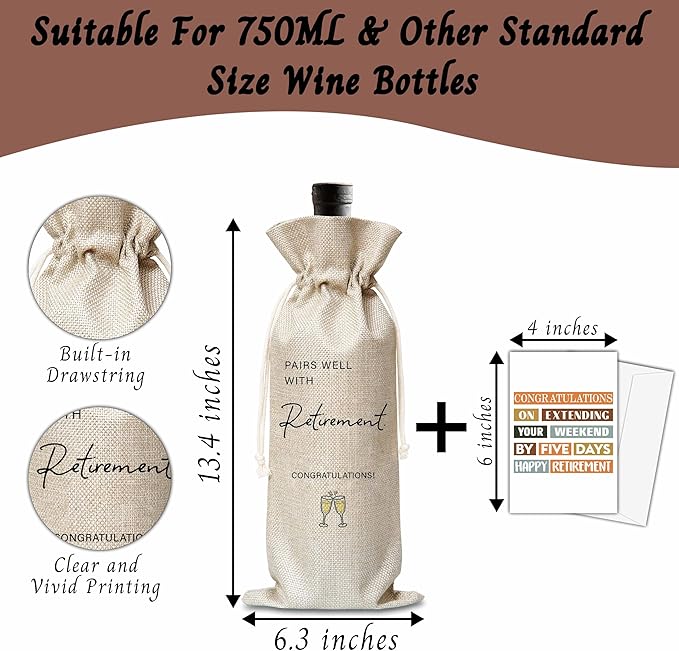 Retirement Gifts For Woman Man, Retirement Wine Gift Bag, Farewell Going Away Gifts For Retired Teacher Colleague Friend, Pairs Well With Retirement Wine Bag, Retirement Party Decoration Supplies, B53