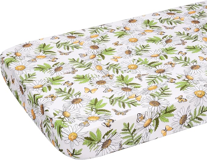 JISEN Baby Crib Sheet 1 Piece Portable Fitted Crib Sheet for Standard Crib and Toddler Mattresses Nursery Bed Decor for Boys Girls 28x52 Inch Daisy Butterfly