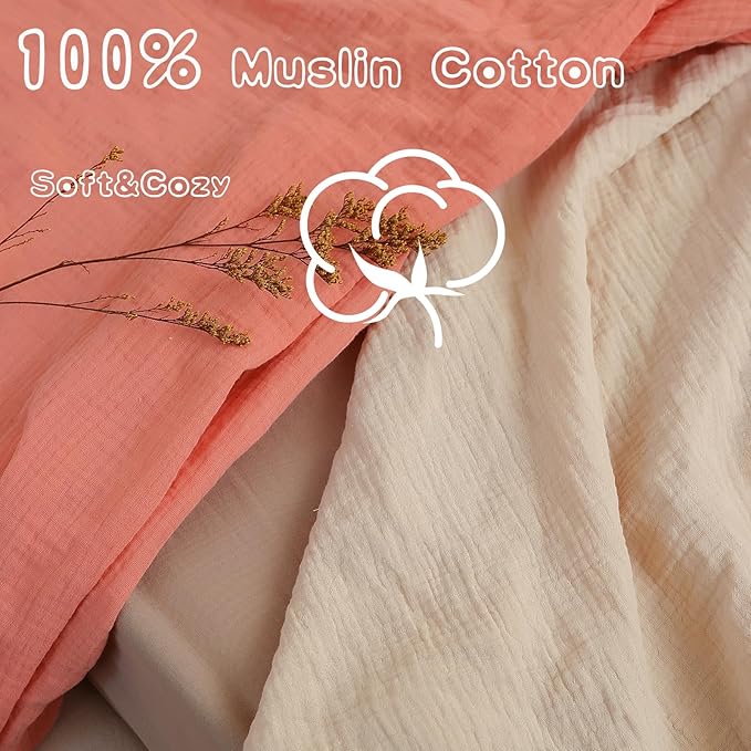 Breathable Crib Sheets for Toddler Bed Mattresses 100% Muslin Cotton Crib Sheets Fitted Boys Girls 2 Pack Soft and Comfortable Boho Bedding for Baby Neutral (Orange Pink&New Camel)