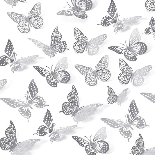 SAOROPEB 3D Butterfly Wall Decor, 48 Pcs 4 Styles 3 Sizes, Removable Metallic Wall Sticker Room Mural Decals for Kids Bedroom Nursery Classroom Party Decoration Wedding Decor DIY Gift (SLIVER)