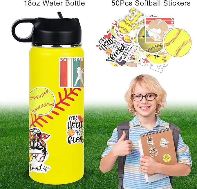 Softball Gifts for Girls,Softball Water Bottle and 50PCS Stickers Accessories Stuff for Player Lovers(18OZ)