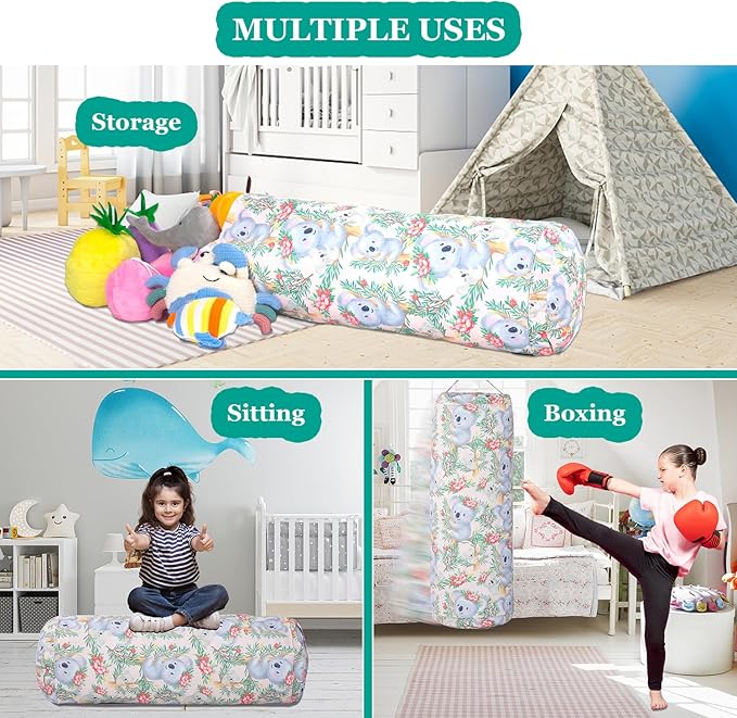 Stuffed Animal Bean Bag Storage Chair for Kids Cover Only (No Filler), Organize, Sit, Play & Boxing, 100% Cotton Canvas Washable, Ultra Soft Cylinder Long Vertical Zipper Best Gift for Child